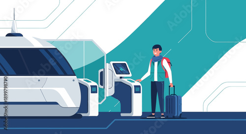 Modern Transportation Illustration: Man Checking in at futuristic vehicle with luggage