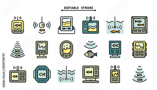 Fish Finder and Echo Sounder Icon Set: Sonar, Radar, Display, Transmitter, GPS and Depth Signal for Fishing and Navigation