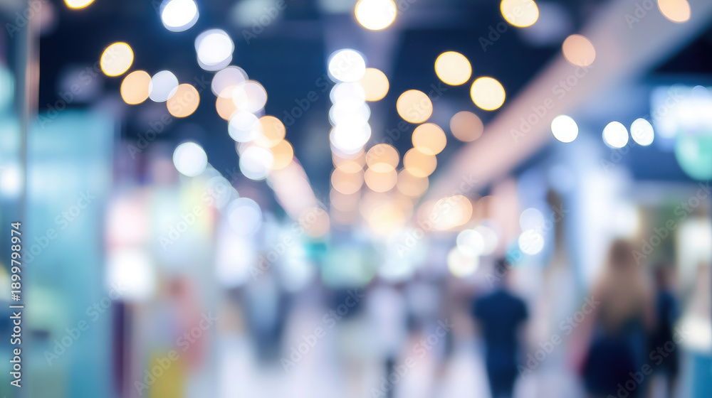 Obraz premium Trade show, blurred background of exhibition hall, conference center, bokeh, business exhibition, job fair, stock exchange. Advertising campaign concept for an organization, corporate event