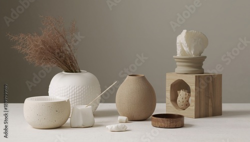Collection of Simple Ceramic Items With Natural Elements on a Clean Surface i...