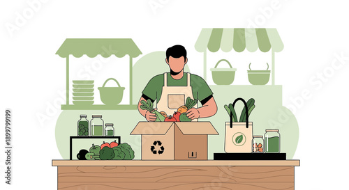 Organic farmer preparing a box with fresh vegetables at a green market stall scene
