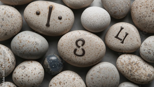 Stones With Numbers Arranged on a Flat Surface in a Simple Pattern for Displa...