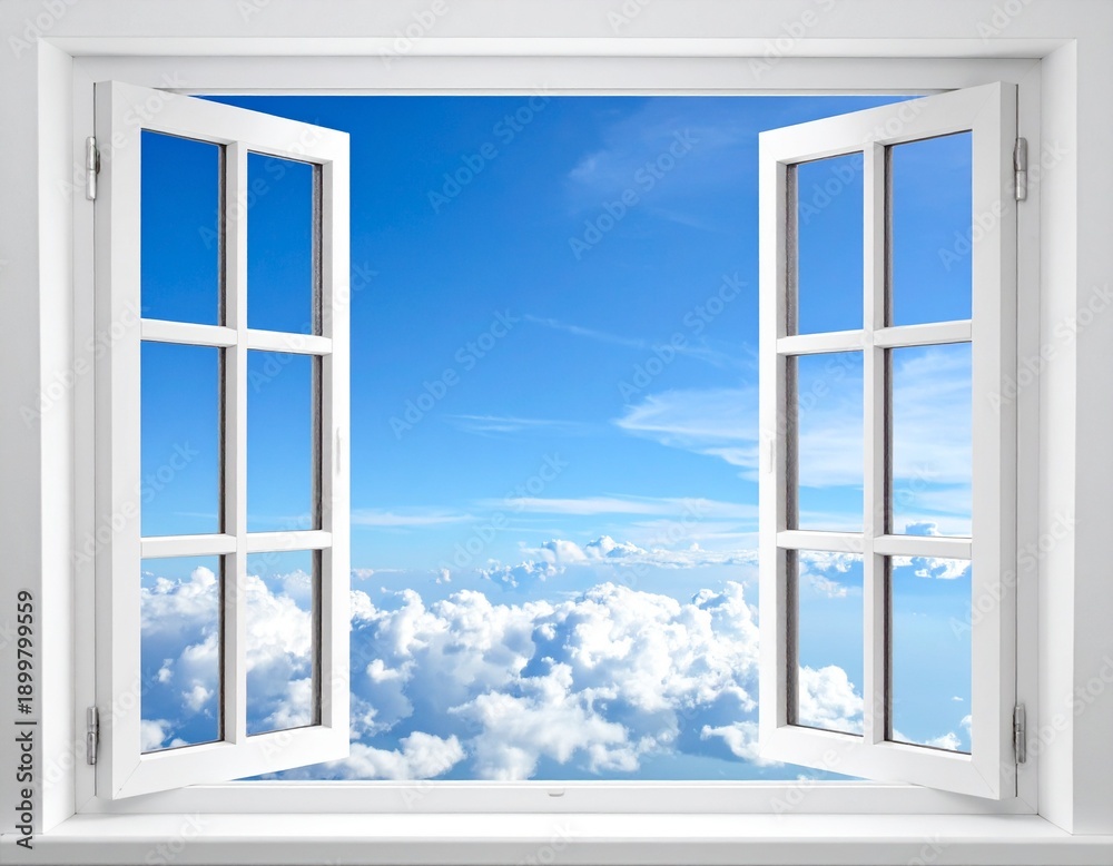 Obraz premium Offenes Fenster mit blauem Himmel