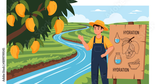 Farmer Explaining Hydration Benefits in a Mango Orchard.