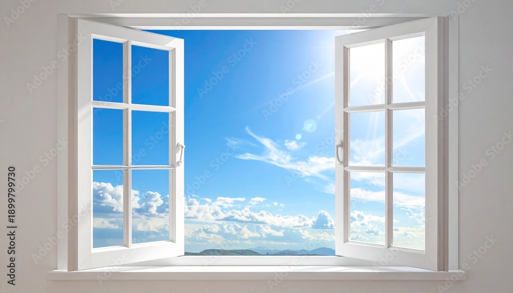 Fototapeta premium Offenes Fenster mit blauem Himmel