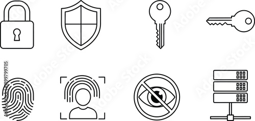 Collection of security and privacy icons including padlock shield keys fingerprint and server for digital protection concepts