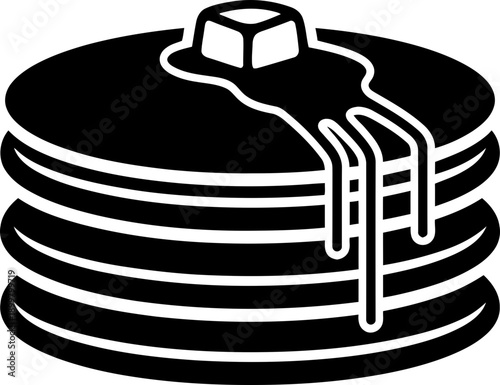 Stack of pancakes with butter and syrup. Breakfast and food concept. Vector illustration in black and white flat graphic style for icon, menu, cooking