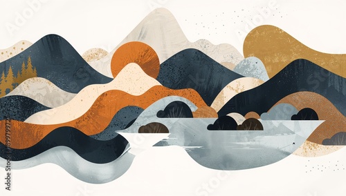 Art Showing Mountains With Patterns and Colors at Sunset