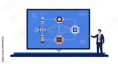 Presentation of an abstract computing diagram with components by a businessperson