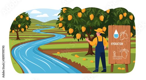 Farmer harvesting mangoes from a tree in an orchard.