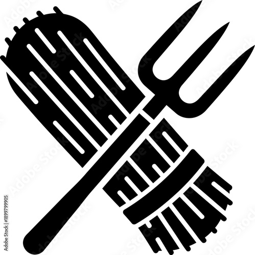 Haystack and pitchfork icon. Agriculture and farming symbol. Harvest and rural farm tool. Vector graphic isolated on white background.