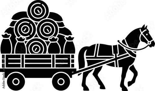 Сlassic horse pulling a wooden cart loaded with hay bales and sacks. Rural farm transport concept. Vector illustration for agriculture, harvest, vintage design