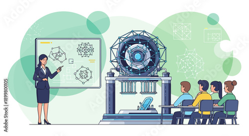 Presentation on advanced technology with futuristic equipment and diverse audience