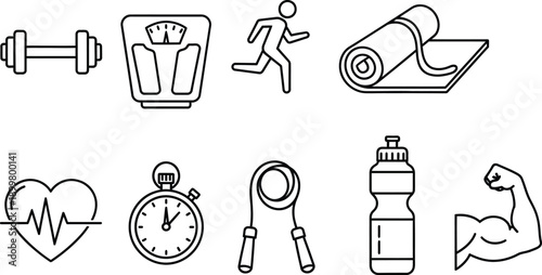 Collection of fitness and health icons including dumbbell scale runner yoga mat heart rate stopwatch hand grip water bottle and muscle simple line art for wellness apps and sports websites