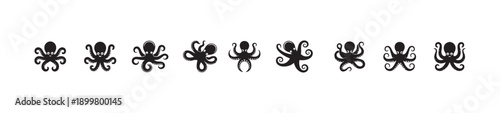 Lineup of cute black octopus icons with various charming tentacle arrangements and body shapes