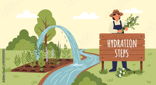 Farmer standing next to a wooden sign with HYDRATION STEPS text.