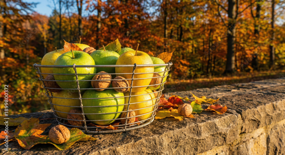 Fototapeta premium Autumn Harvest Basket of Apples and Walnuts on Stone Wall stock