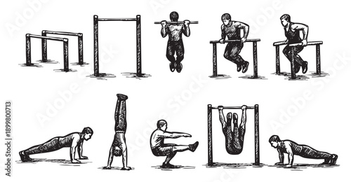 Hand-drawn illustration showing a variety of street workout exercises. Vector graphic, ideal for sport, fitness, or healthy lifestyle related content.