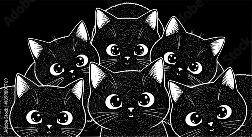 Adorable group of curious black cats with big eyes peering downward .