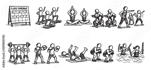 Hand-drawn style illustration featuring various fitness activities. Includes gym classes, yoga, weightlifting, swimming, and more. Perfect for health, wellness, and active lifestyle content.