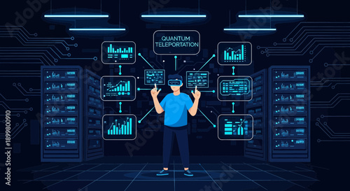 Quantum Teleportation in Data Center with VR User Interface Displaying Data Charts
