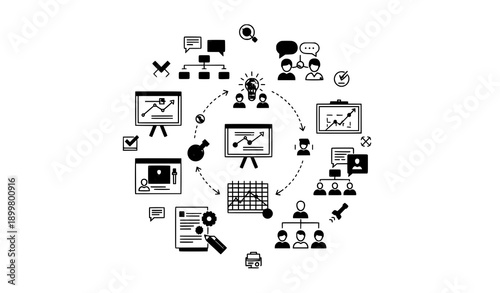 Outline Vector Icons of Teamwork Communication and Project Workflow for Modern Business Organizations