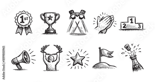 Black and white sketchy hand-drawn vector illustrations of different awards and achievement concepts. Perfect for blog posts, infographic, and presentation design about winning.