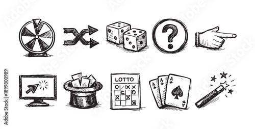 Hand drawn illustration featuring gambling and chance related elements: fortune wheel, dices, playing cards, magic wand. Vector illustration on white background. Luck, game, risk concept.