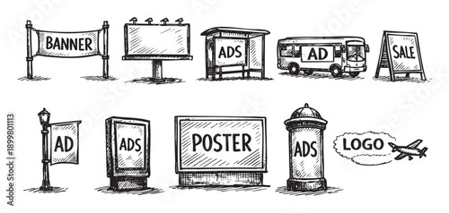 Hand-drawn illustrations of various advertising mediums, including banners, billboards, bus stops, and sandwich boards. Ideal for advertising, marketing, and business concepts. Black and white sketch.