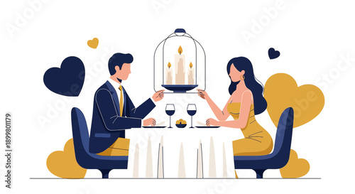 Romantic candlelight dinner date for a couple in love minimal vector illustration celebrates