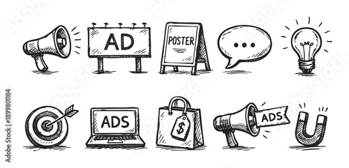 Hand drawn marketing icons set featuring advertising signs, shopping bag, light bulb, megaphone. Suitable for blog, article, presentation materials, vector illustrations.