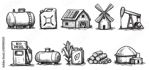 Hand-drawn vector illustration depicting various alternative energy and fuel resources. Perfect for illustrating sustainability, environmental topics, or farm-related content.