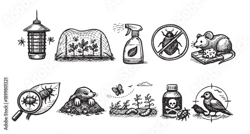 Hand-drawn style illustration of pest control methods, including insect traps, netting, pesticides, mouse traps, and targeting birds. Useful for gardening, home care, and wildlife management concepts.