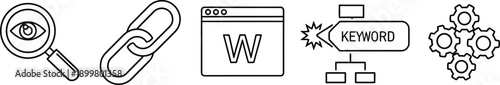 Collection of SEO and digital marketing icons representing search links content keywords and strategy for web design and presentations