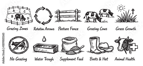 A set of hand-drawn illustrations outlining sustainable cattle farming practices. Including grazing zones, rotation, fences, water, and animal health. Perfect for educational or informational material