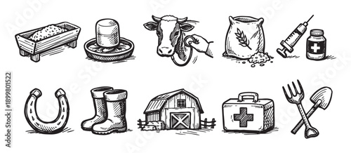 A vector illustration of hand-drawn farm icons. Includes a barn, cow, tools, feed, and more. Ideal for illustrating agricultural concepts.