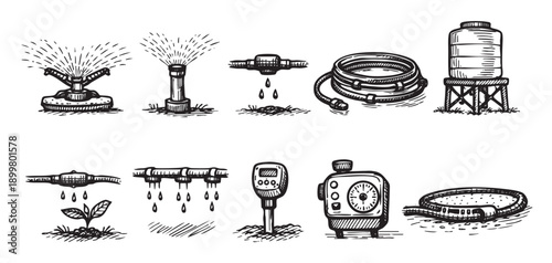 Black and white drawing of irrigation system components, including sprinklers, hose, water tank, moisture meter. Could be used for gardening, agriculture, or home improvement illustrations.
