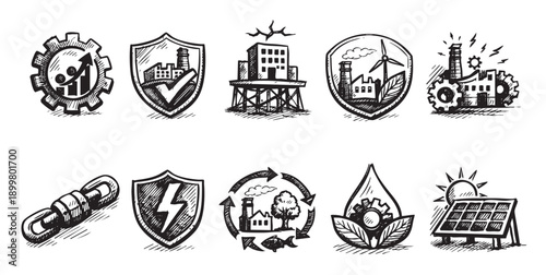 Black and white hand-drawn icons illustrating themes of industry, environmentalism, clean energy, and corporate social responsibility. Can be used for presentations, websites, and reports.