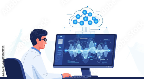 Scientist analyzing data on a computer connected to a cloud network diagram
