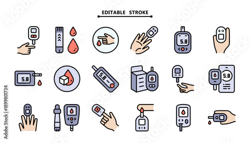 Glucometer and Diabetes Care Icons: Color Editable Symbols for Blood Sugar Measurement, Health Monitoring and Treatment	