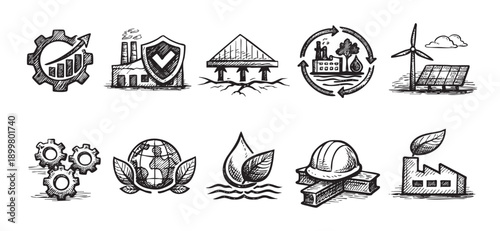 Black and white hand-drawn icons illustrating themes of industry, environmentalism, clean energy, and corporate social responsibility. Can be used for presentations, websites, and reports.