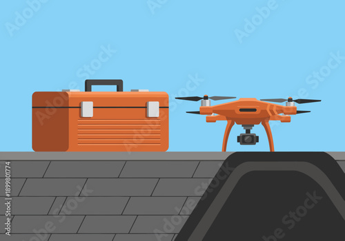 A drone and tool kit inspect a roof. Modern illustration, showcasing roof maintenance. Clean, professional design for business or construction visuals.