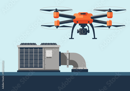 A drone inspects a rooftop HVAC unit. Modern illustration showcasing aerial inspection technology. Clean, professional design.