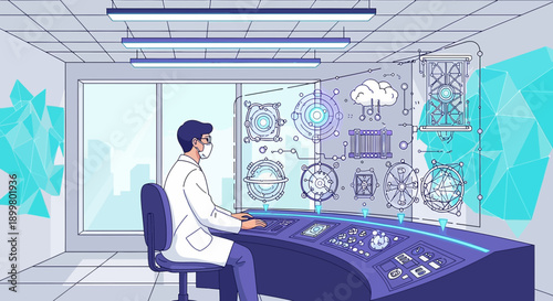 Scientist at the helm of futuristic interface navigating sophisticated data visualizations in