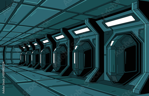 A futuristic spaceship interior cryo room with rows of sleek, illuminated pods. Clean lines and a cool teal color palette create a sterile, technological atmosphere. Perfect for sci-fi concepts.