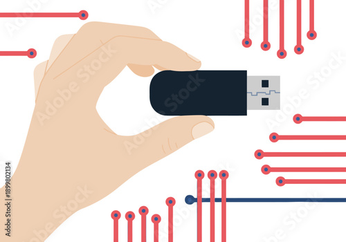 A hand holds a USB drive with a 'Secure' logo, overlaid on a circuit board background. Illustrates user login account protection. Modern, digital, and secure.