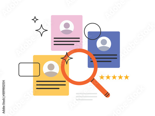 Job candidate, magnifying glass search for work, find worker, employee profil