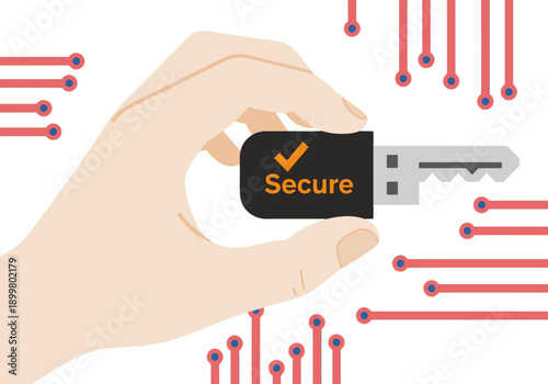 A hand secures a USB security key with a 'Secure' badge, symbolizing user login protection. Modern, digital illustration with a clean, professional style.