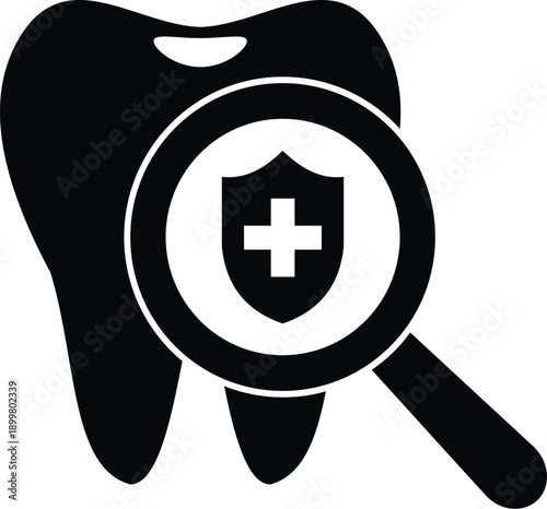 Tooth icon showing protection and health care concept under a magnifying glass