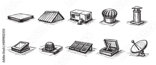 A collection of black and white sketch drawings of various roof structures and accessories, ideal for architectural renderings or technical illustrations.